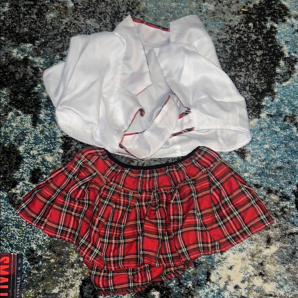White Blouse and Red Plaid Skirt Set